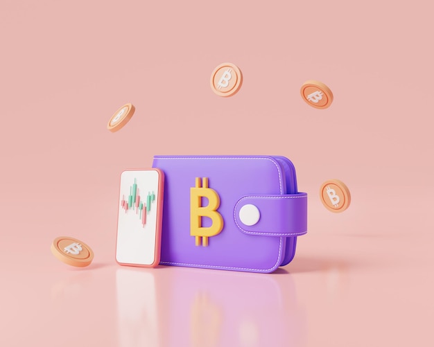 Mobile trading with wallet isolated on pink background Virtual cryptocurrency Business financial Bitcoin Crypto money savings concept 3d icon render illustration cartoon minimal style