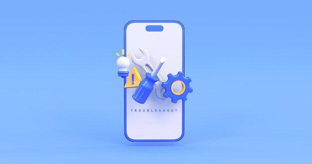 Photo mobile troubleshooting icon in blue background 3d render