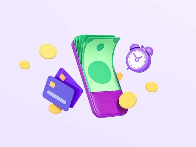 Mobile wallet with dollars banknotes coins bank cards and an alarm clock 3d render