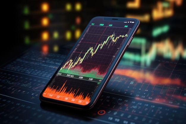 Mobile with stock chart background suitable for stock market and trading