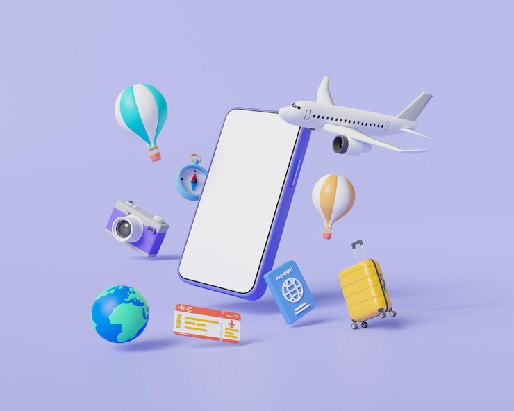 Photo mobile with travel equipment online travel booking service online ticket trip planning travel to world vacation traveling around the world travel and tourism concept 3d render illustration