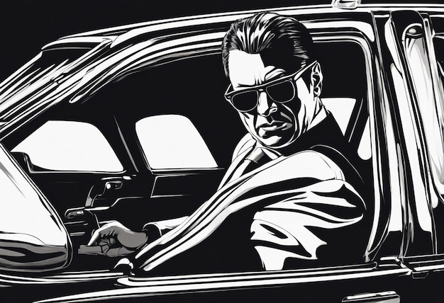 A mobster wearing sunglasses got out of a jetblack car