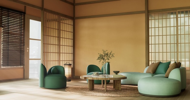 mocha concept scene living room have green sofa and decoration wooden minimalist design room japanese style