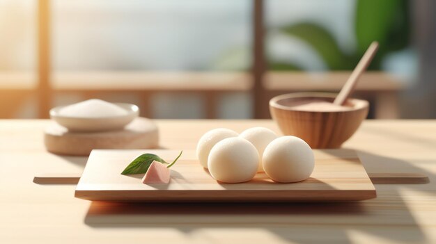 Photo a mochi and dango with wooden plate