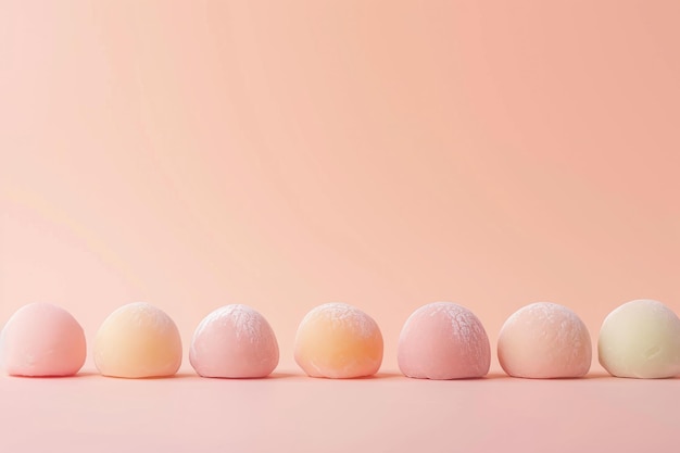 Mochi of different flavors Light peach color background Space for text