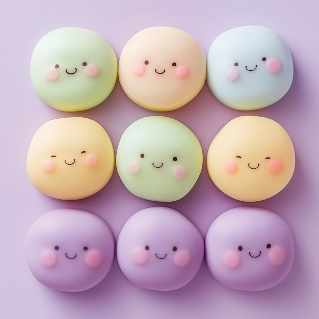 Mochi of different flavors with cute faces Light purple color background Top view