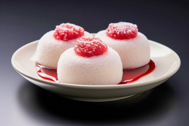 Mochi, een taaie traditionele Japanse rijstwafel gemaakt van kleefrijst en gevuld met zoete pasta