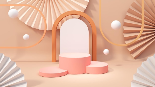 Un finto cerchio rosa per posizionare un campione di prodotto su uno sfondo a forma di ventaglio marrone chiaro pastello rendering 3d
