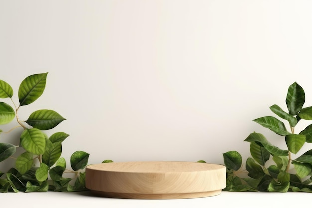 Mock up 3d empty podium with green leaves for organic cosmetic product Natural round wooden stand for presentation and exhibitions on white background