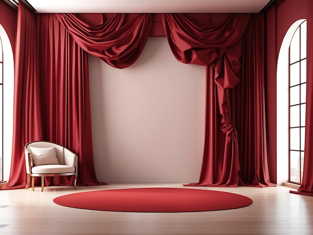 Mock up 3D rendering luxury red maroon empty wall in room with silk curtain drapes