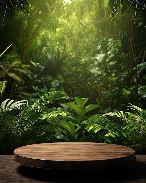 Mock up 3d wooden table in tropical forest for product display