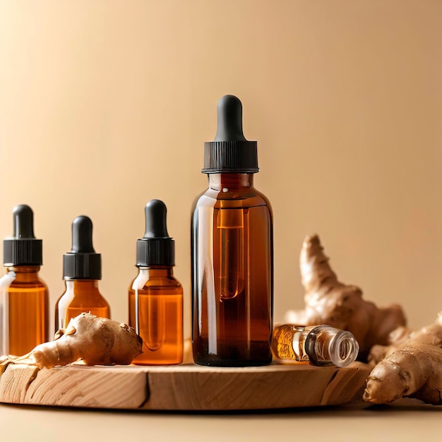 Mock up amber glass dropper bottles and ginger root on beige background copy space natural cosmetic concept bottles with oil or serum on wooden stand aroma therapy selective focus