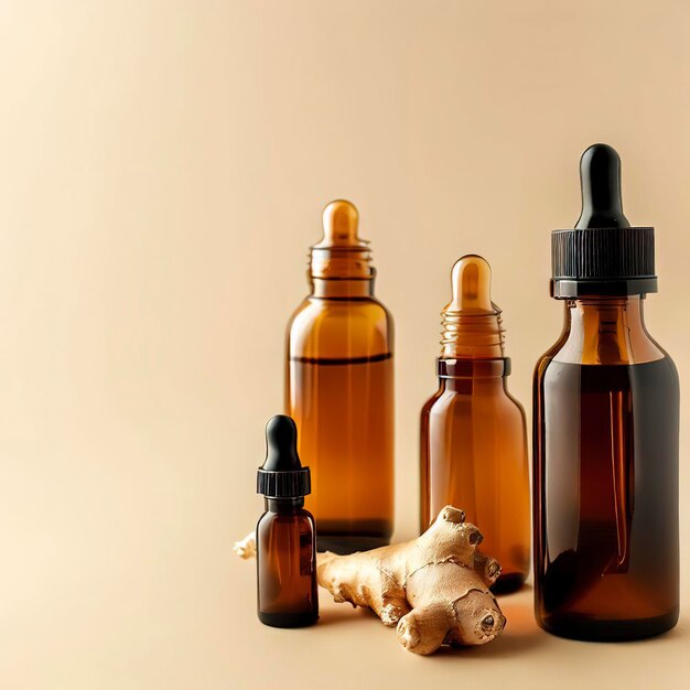 mock up amber glass dropper bottles and ginger root on beige background copy space natural cosmetic concept