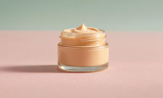 Foto mock up di crema per la cura della pelle beige, lozione, maschera gel o make-up foundation all'interno di un barattolo di vetro per cosmetici