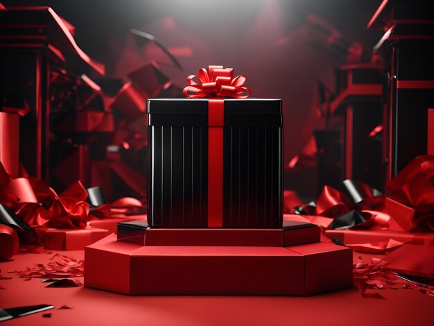 Mock up black and red gift box with podium in center 3d illustration futurististic background