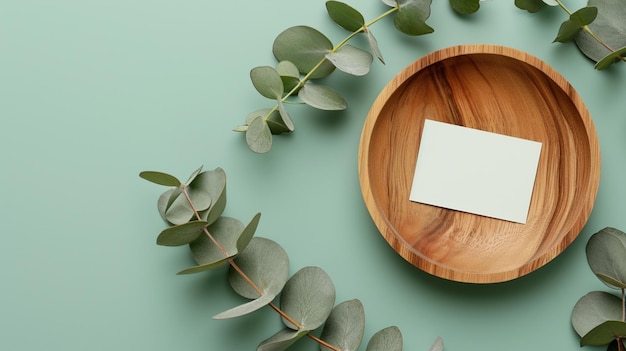 mock up blank card green leaves and white blank paper on wooden background with copy space flat lay