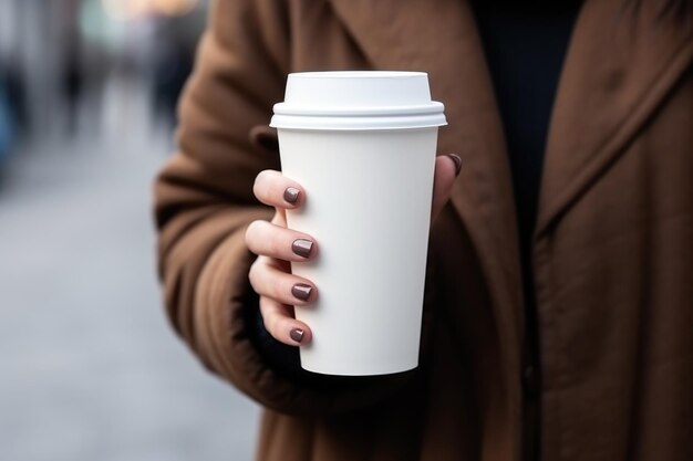 女性の手に空白のコーヒー紙カップを模する