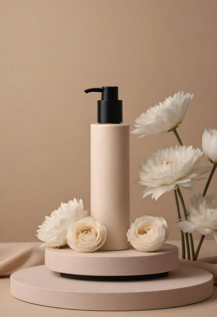 Mock up of blank cosmetic skin care dispenser bottle on podium with flowers on beige backdrop