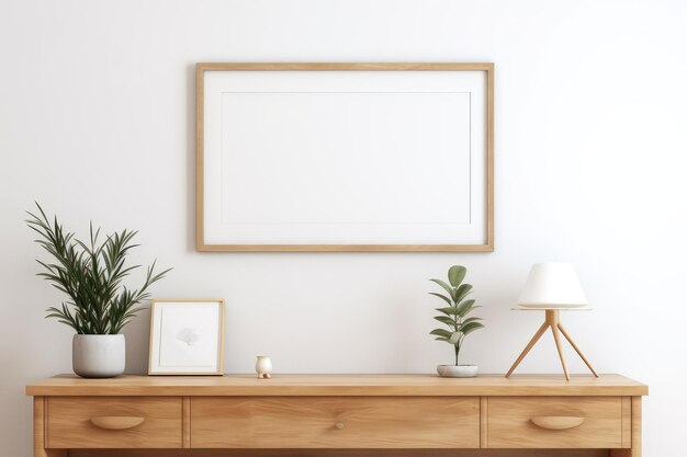 Photo mock up blank frame on white wall boho interior design