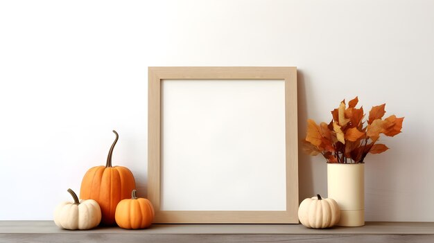 Mock up blank frame with thanksgiving turkey pumpkin and autumn decor on a wood shelf Ai generative