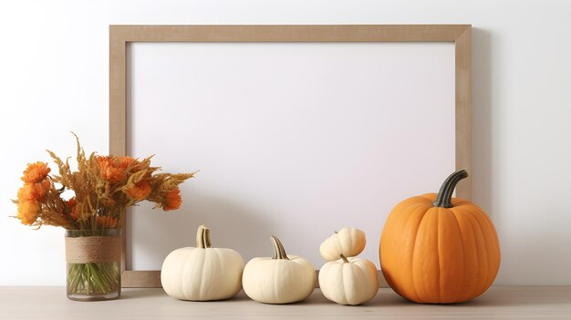 Photo mock up blank frame with thanksgiving turkey pumpkin and autumn decor on a wood shelf ai generative