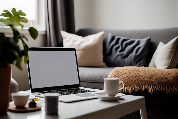 Photo mock up of blank screen laptop computer on desk in modern living room