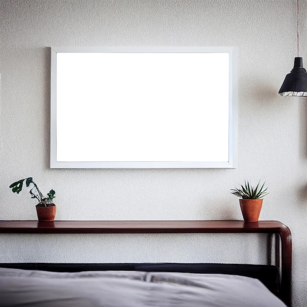 현대적인 미니멀리즘 객실의 벽에 광고 공간이 있는 빈 흰색 액자 사진을 조롱