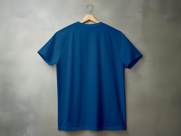 Mock up blue tee shirts hanging on wall