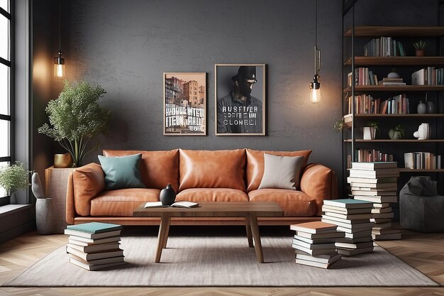 Mock up book on pile of books in hipster loft interior