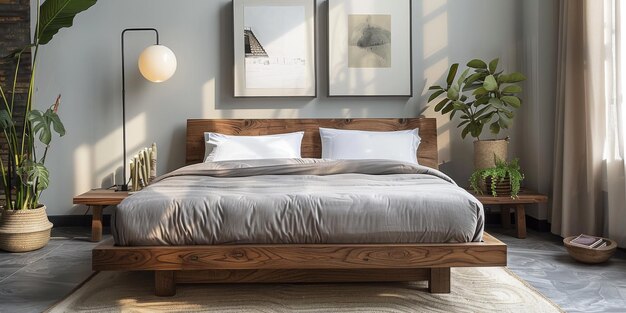 快適な大きなベッドと明るいスタイリッシュな背景を持つ明るい寝室をモックアップする d レンダリング