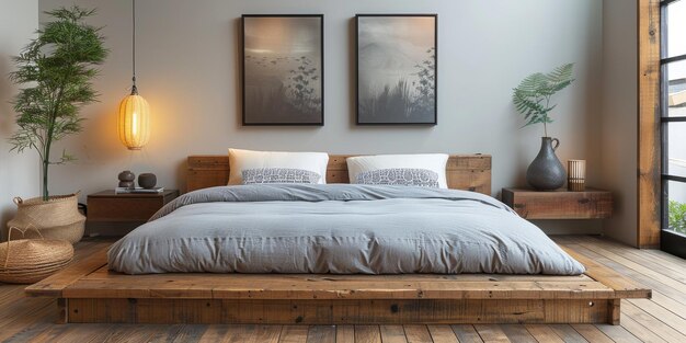 Mock up bright bedroom with a comfortable large bed and a bright stylish background d rendering