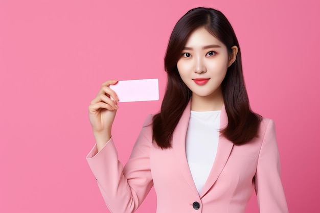 ピンクの背景に手で空白のカードを示す実業家韓国人女性のモックアップ生成AI