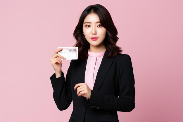 ピンクの背景に手で空白のカードを示す実業家韓国人女性のモックアップ生成AI