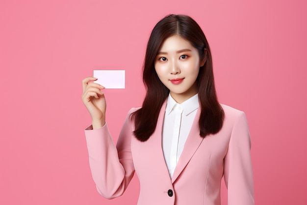 韓国人女性がピンクの背景に空白のカードを手に持っているモックアップビジネスウーマン ゲネレーティブAI