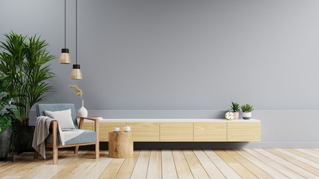 Mock up cabinet in soggiorno moderno con poltrona blu e pianta su sfondo muro grigio scuro, rendering 3d