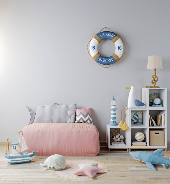 子供部屋のインテリアの背景、ピンクのソファ、おもちゃのモックアップ。スカンジナビアスタイル、海スタイル、3dレンダリング