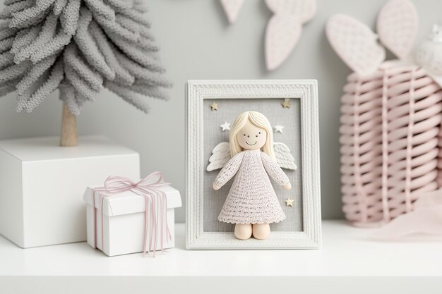 Mock up Christmas card with a handmade angel figurine done in shabby chic style