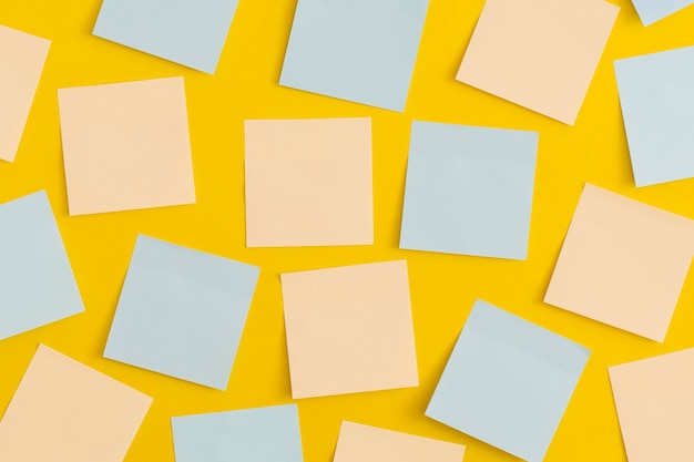 Photo mock up colored sticky notes on yellow background. business concept, strategy, planning