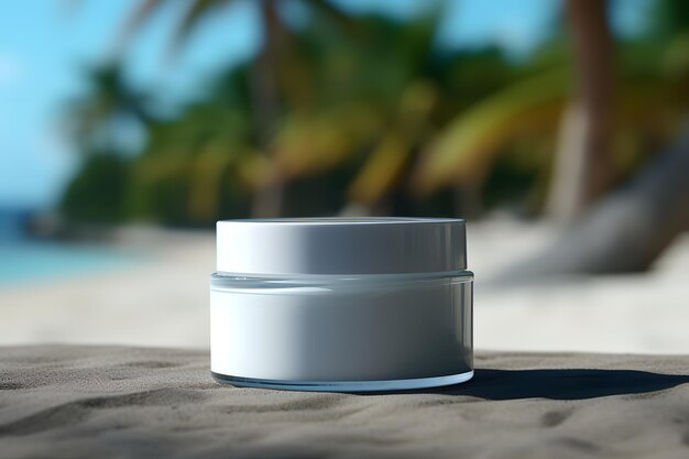 Mock up of cosmetic cream jar on the blurred background of the tropical sea coast