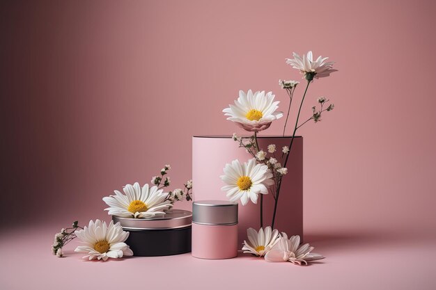 Mock up for cosmetic product presentation with flowers and pink gradient background