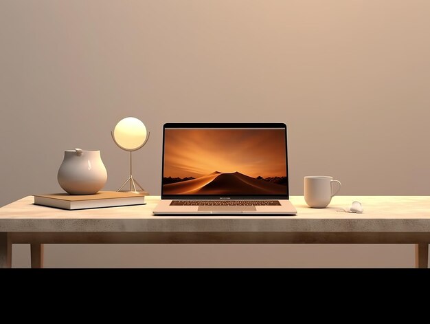 Mock up design of laptop device on shelf and healthy work space for banner