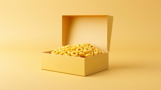 Photo the mock up displays a realistic carton box packaging design for ring cereals or cheerios it has been isolated on a light yellow background