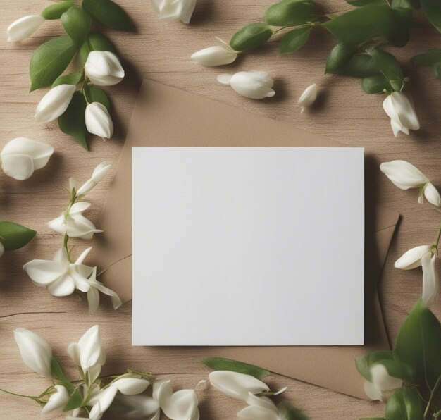 Photo mock up empty white invitation card on wooden table