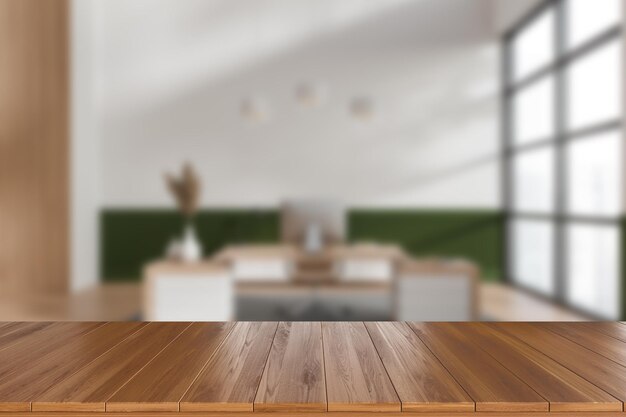 Mock up empty wooden desk on blurred background of ceo room interior