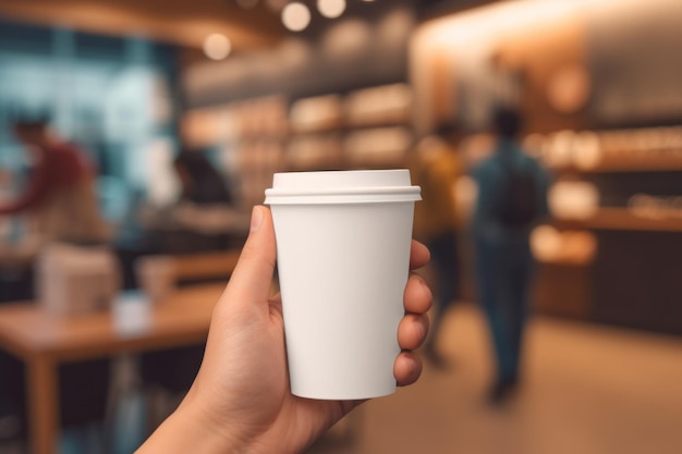 Mock up of female hand holding blank coffee paper cup for advertising