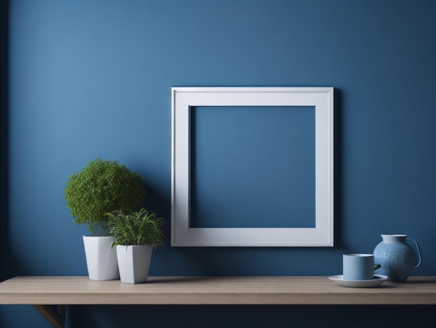 Mock-up foto frame blauwe muur gemonteerd op de houten plank zachte achtergrond 3D rendering