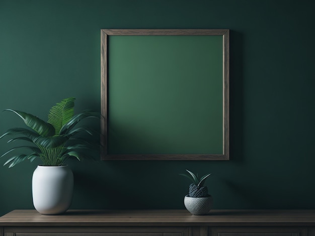Foto mock up foto frame groene muur gemonteerd op de houten plank zachte achtergrond 3d rendering