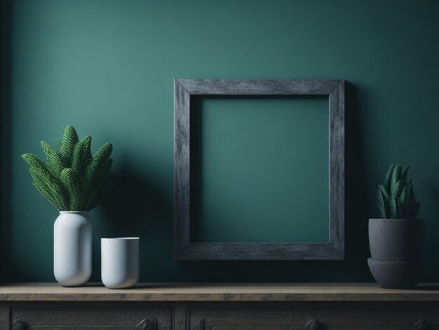 Foto mock up foto frame groene muur gemonteerd op de houten plank zachte achtergrond 3d rendering