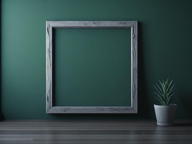 Foto mock up foto frame groene muur gemonteerd op de houten plank zachte achtergrond 3d rendering