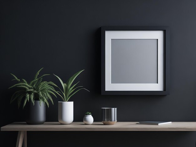 Mock up foto frame zwarte muur gemonteerd op de houten plank zachte achtergrond 3d rendering